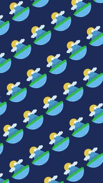 Seamless nature landscape pattern with mountains and sun icons in a tile background animation. Nature wallpaper pattern with mountain and waves cartoon. Seamless looping.