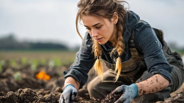 Young Female Agronomist Labeling Compost Sample in Ploughed Land
