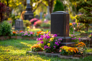 Dark granite headstone stands amidst colorful flowers and green grass in sunlit cemetery. Other gravestones are visible in background, creating peaceful scene of remembrance and respect for departed