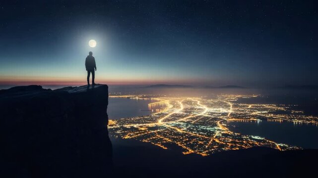 Man observes illuminated city from cliff at night under moonlit sky, contemplating destiny and future path