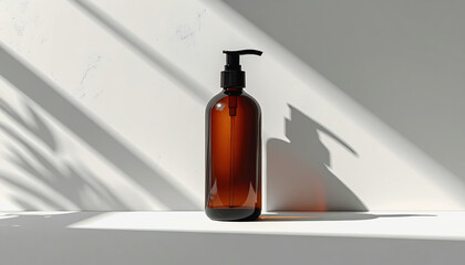 Amber glass pump bottle with black dispenser, casting dramatic shadows on a textured white surface, evoking natural and sophisticated aesthetics