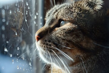 Adorable Cat with Smushed Nose and Cheeks Pressed Against Window Glass in Curious Pose