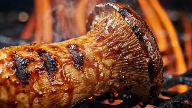 Close-up of a glazed King Oyster mushroom grilling on a barbecue grate with flames. Vegetarian Eryngii roasting over fire. Meatless day and plant-based BBQ concept