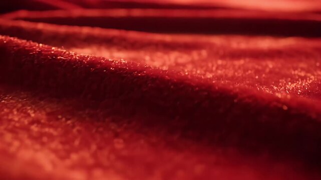 Close up of a red velvet fabric with soft texture and wavy pattern