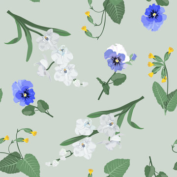 Elegant orchids, primrose and pansies on a gray backdrop. Seamless vector artwork. Perfect for textile decoration, packaging, or wallpaper.