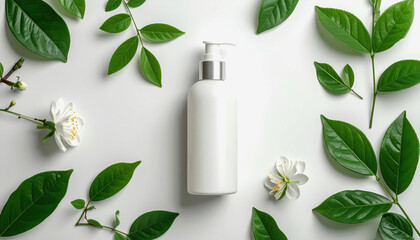 White cosmetic pump bottle with silver accent, surrounded by lush green leaves and delicate white flowers on a clean white background, natural beauty concept