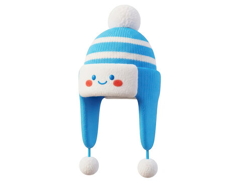 Blue and white striped winter hat with pom poms and smiling face isolated on transparent background