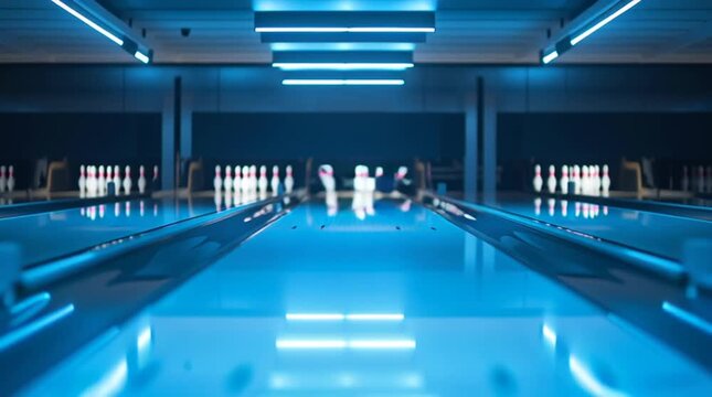 Cinematic video of a bowling ball centered on a glossy lane with dramatic lighting, symmetry and modern sport atmosphere.