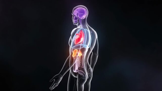 Illuminated human body diagram highlighting heart and digestive system isolated on transparent background