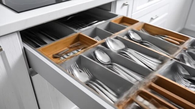 Close up of organized silverware in kitchen drawer for culinary concepts