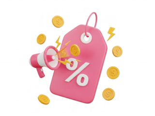 A pink tag with a percentage sign and a megaphone with gold coins and lightning bolts around it isolated on transparent background
