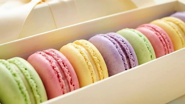 Box of colorful French macarons with ribbon. Assortment of pastel sweet pastries in a gift box. Traditional gourmet dessert for International Francophonie Day