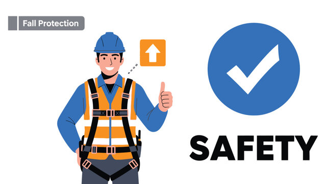 A construction worker in safety gear confirming fall protection compliance with a positive gesture illustrating workplace standards