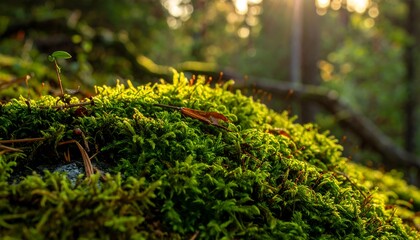 Close-up of vibrant green moss illuminated by sunlight filtering through forest canopy. Lush details, bokeh background