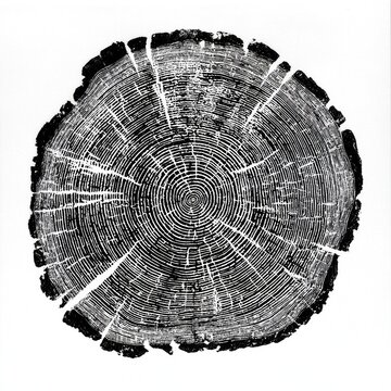 A detailed black and white illustration of a tree stump, showcasing annual growth rings in a circular pattern.