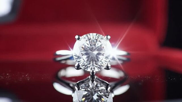 Diamond ring displayed in a red presentation box with reflection and focus