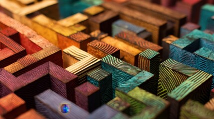 Abstract wooden maze of colorful blocks. Complex puzzle with vibrant wood texture. Strategic game concept for challenge and solution.