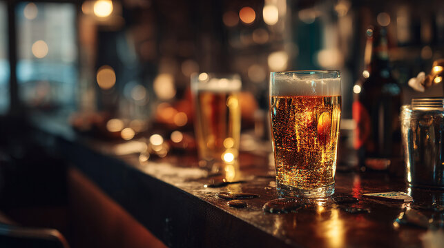 A glass of cold beer sits on a bar with other drinks in the background