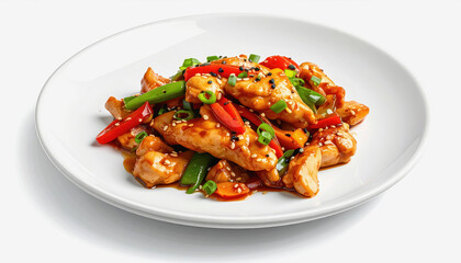 Spicy Chicken Stir Fry with Red Peppers, Green Beans, Tomatoes and Sesame Seeds