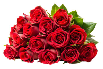 Naklejka premium Bouquet of red roses on black background with green leaves