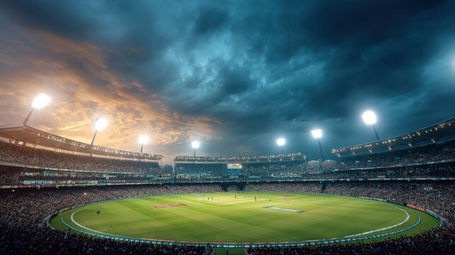 Illuminated cricket stadium with an audience and dramatic sky. Grand sports arena with a lush green field for a competitive match.