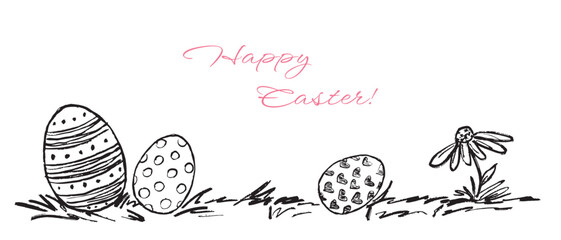 Hand drawn Easter eggs landscape on the grass with flower. Spring, happy Easter greeting card, invitation. Vector sketch illustration in vintage crayon charcoal style © Nataliya Pokrovska