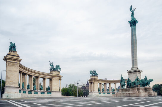 Panoramic view of Heroes Square with archangel Gabriel Millennium Monument Column in a cloudy morning in Budapest, Hungary