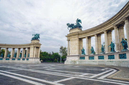 Panoramic view of Heroes Square in a cloudy morning, Budapest, Hungary.