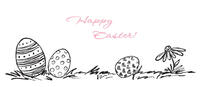 Hand drawn Easter eggs landscape on the grass with flower. Spring, happy Easter greeting card, invitation. Vector sketch illustration in vintage crayon charcoal style