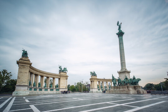 Panoramic view of Heroes Square with archangel Gabriel Millennium Monument Column in a cloudy morning in Budapest, Hungary