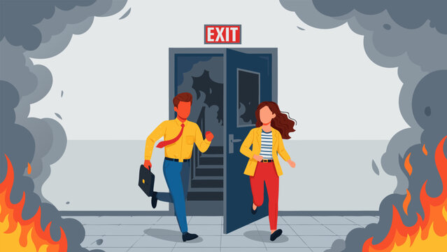 Evacuating through fire-damaged doors A graphic illustration of a team escape during an emergency
