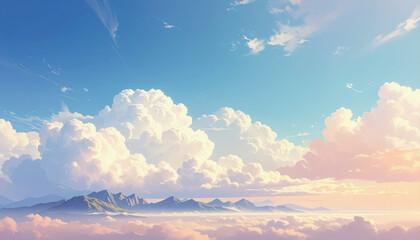 Anime Landscape with Majestic Mountains Above Clouds at Sunrise, Soft Pastel Sky and Light Rays