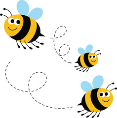 Obraz premium Cartoon bees with black stripes and blue wings flying in a playful pattern insect yellow