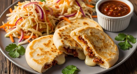 Delicious pupusas served with a fresh curtido salad and a side of spicy salsa on a grey plate