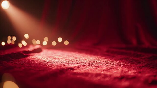 Rich red velvet curtain illuminated by spotlight and bokeh lights