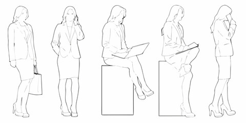 Line art illustration of five women in business attire showing various poses