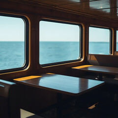 Cruise cabin interior with wooden tables and seats beside windows