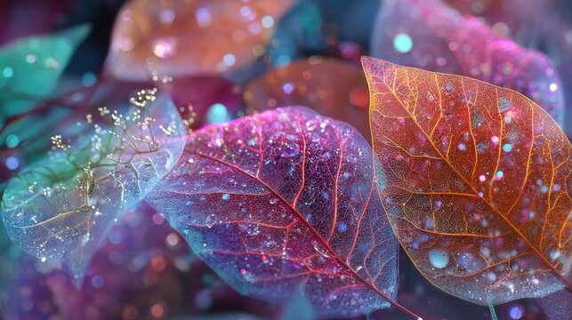 Transparent colorful skeleton leaves with water drops and bokeh effect. Vibrant luminous plant foliage for abstract natural art.