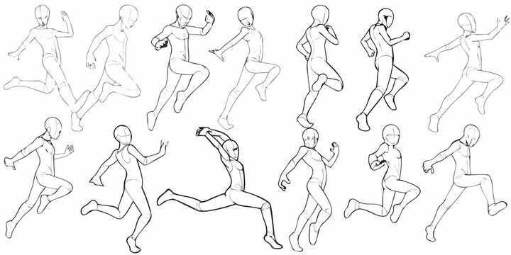 Dynamic running pose references for artists featuring various action stances