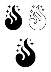 Fototapeta premium Stylized flame with sparkling stars in black and white fire symbol