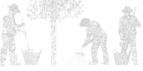 Obraz premium Silhouettes of gardeners working among trees in a grayscale illustration