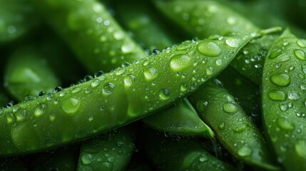 Fresh green pea pods with water drops. Macro photography of vibrant vegetable for healthy food concept.