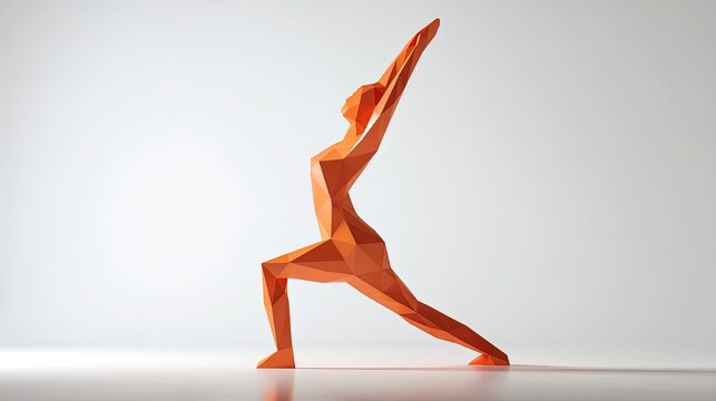3D minimalist character doing yoga stretching, standing with arms raised upward, low-poly geometric shape, pure white background, home fitness life scene.