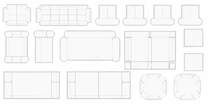 Overhead view of various furniture pieces in a simple line art style