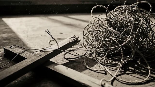 Abandoned puppeteer control bar with tangled string on a dusty wooden floor. Dramatic sunlight beams illuminating floating dust particles. Vintage marionette concept