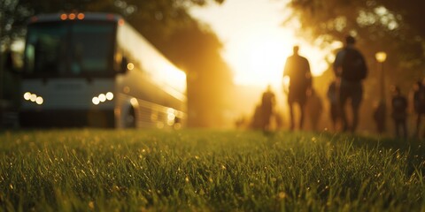 Cinematic low angle of wet grass, blurred bus and people silhouettes during golden hour sunset flare, concept for tourism campaigns, transport booking services and outdoor leisure promotions