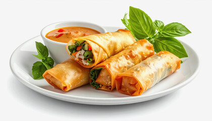 Four Golden Fried Spring Rolls with Fresh Basil and Peanut Dipping Sauce on a White Plate