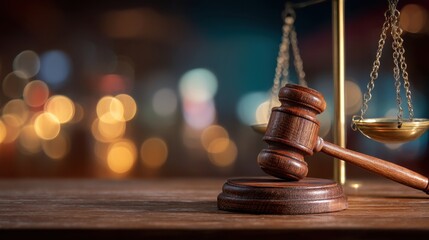 Wooden gavel and golden scale of justice on blurred bokeh background. Law, judgment, and legal concept for court or lawyer advertisement.