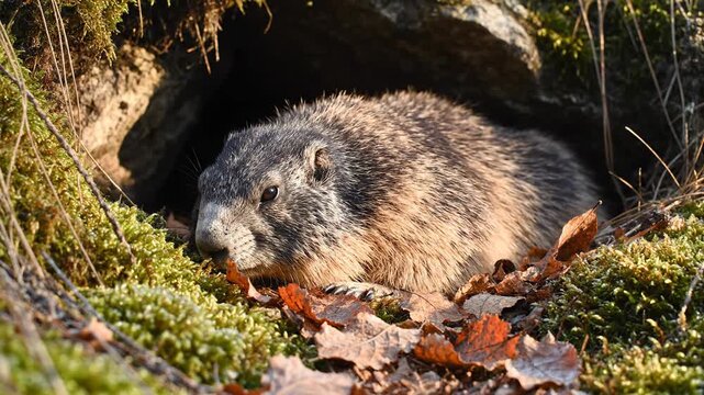 Vancouver Island Marmot Resting Near Burrow Entrance