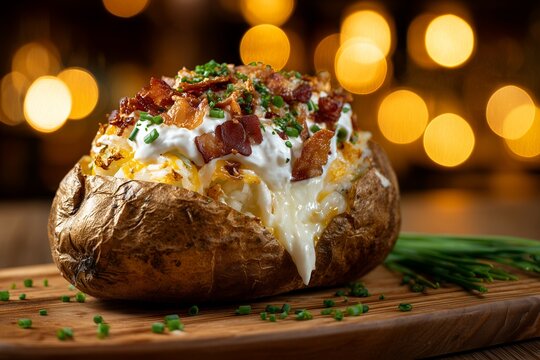 Close-up of loaded baked potato with melting cheese, sour cream, crispy bacon and fresh chives on wooden board against warm bokeh, concept for restaurant promotion, food blogs and recipe media